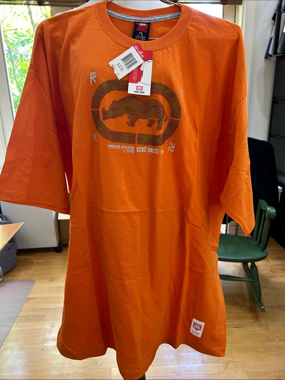 Ecko Unlimited Orange Tee with Olive Rhinoceros Graphic